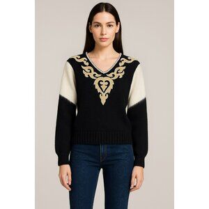 Vintage Angenie Black V-Neck Sweater Gold Embroidered Design & White Fuzzy